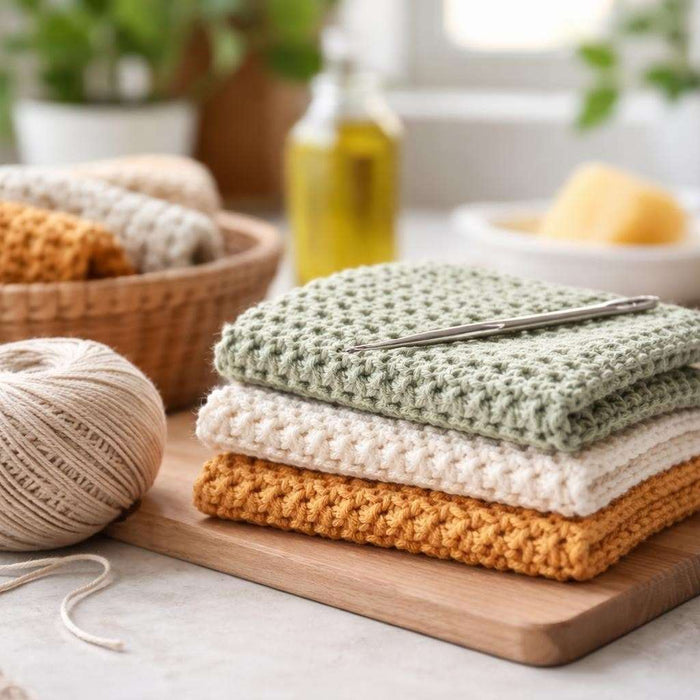 Handmade crochet dishcloth made with cotton yarn showcasing easy stitches and beginner-friendly pattern