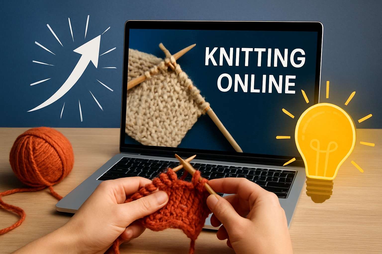 high-quality realistic photo of essential digital tools and platforms for knitting online including laptop tablet smartphone and yarn accessories