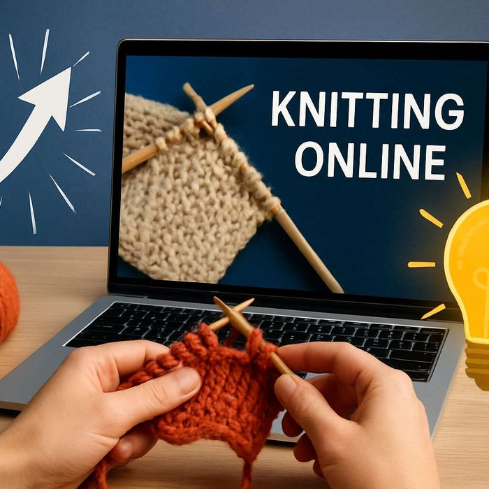 high-quality realistic photo of essential digital tools and platforms for knitting online including laptop tablet smartphone and yarn accessories
