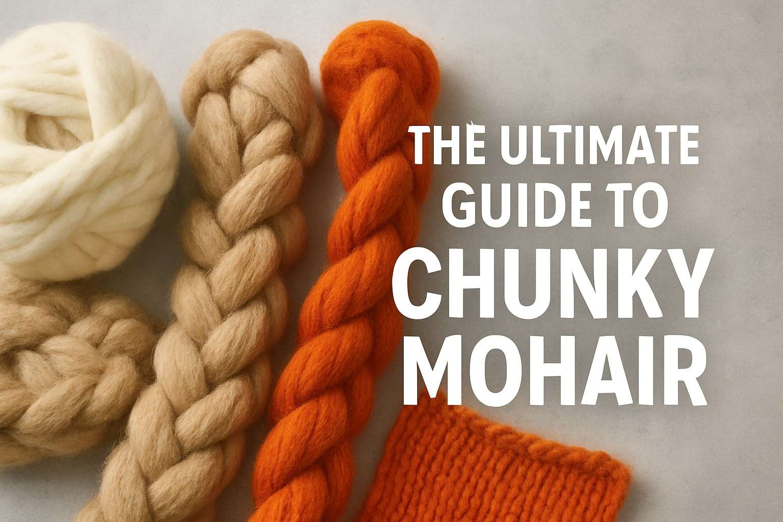 High-quality photograph of several skeins of chunky mohair yarn in various colors
