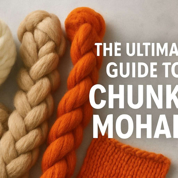 High-quality photograph of several skeins of chunky mohair yarn in various colors