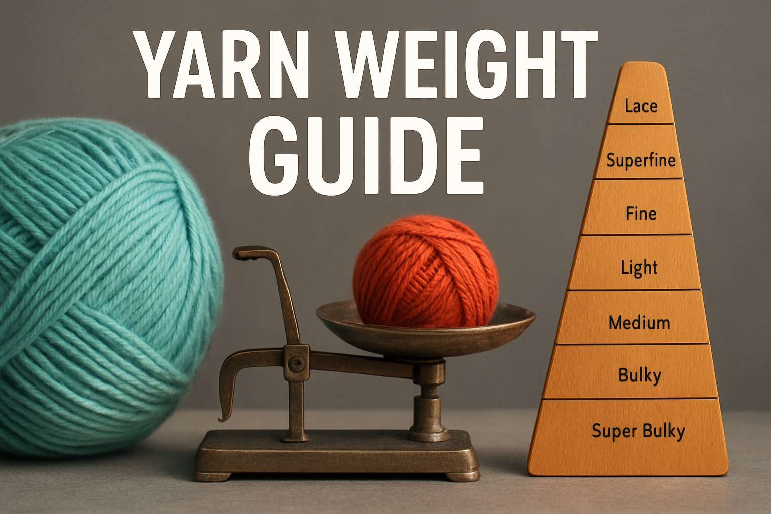 High-quality realistic photo showing a variety of yarn skeins grouped by weight categories for Yarn Weight Guide 2026