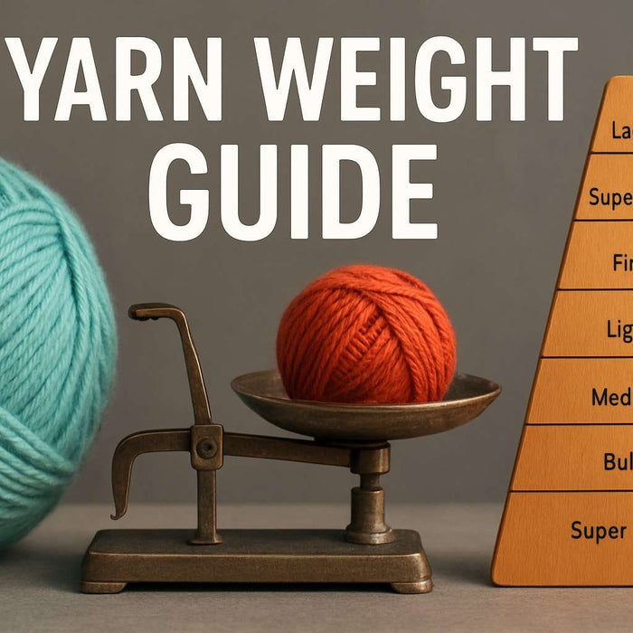 High-quality realistic photo showing a variety of yarn skeins grouped by weight categories for Yarn Weight Guide 2026