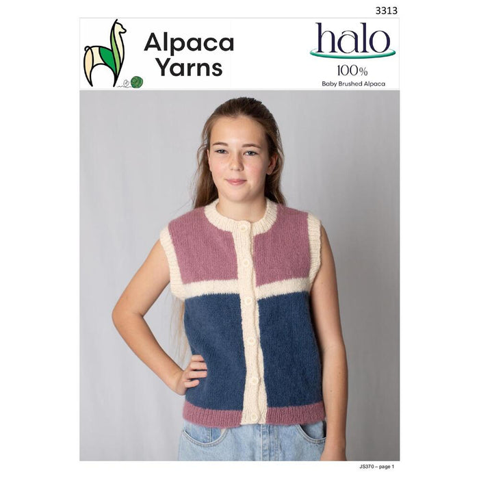 Child's block stripe vest knitting pattern with button-front and three-color design in alpaca yarn