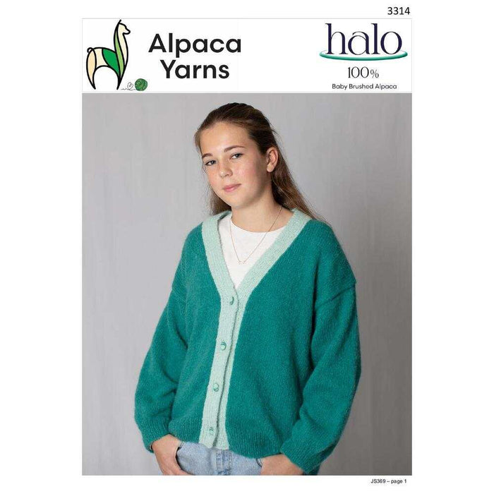 Children's V-neck Contrast Band Cardigan knitted with Alpaca Yarns Halo in soft, warm yarn