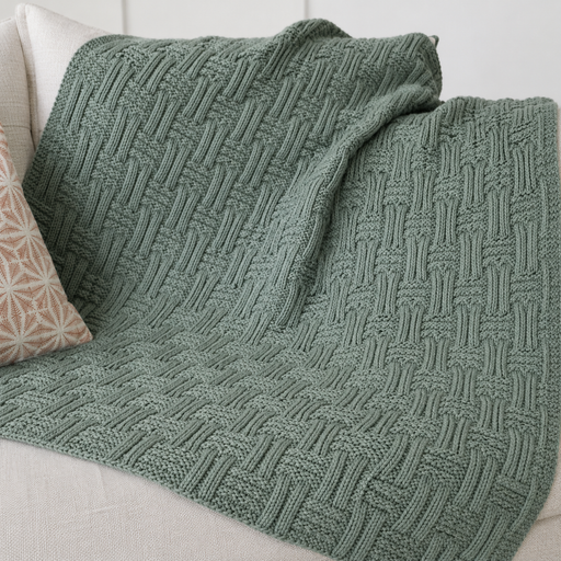 Cozy basket weave blanket knit kit with Crucci Aella 12 Ply Alpaca Merino yarn and textured stitch pattern