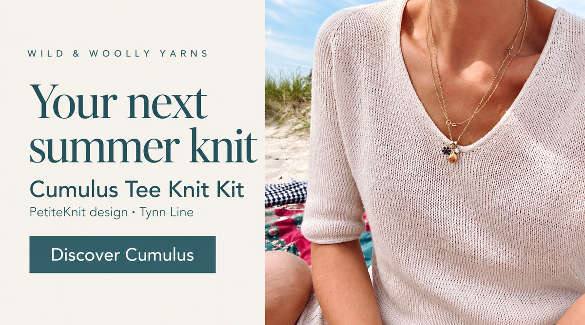 Your next summer knit – Cumulus Tee Knit Kit. Pale pink V-neck tee in Tynn Line. Discover Cumulus.