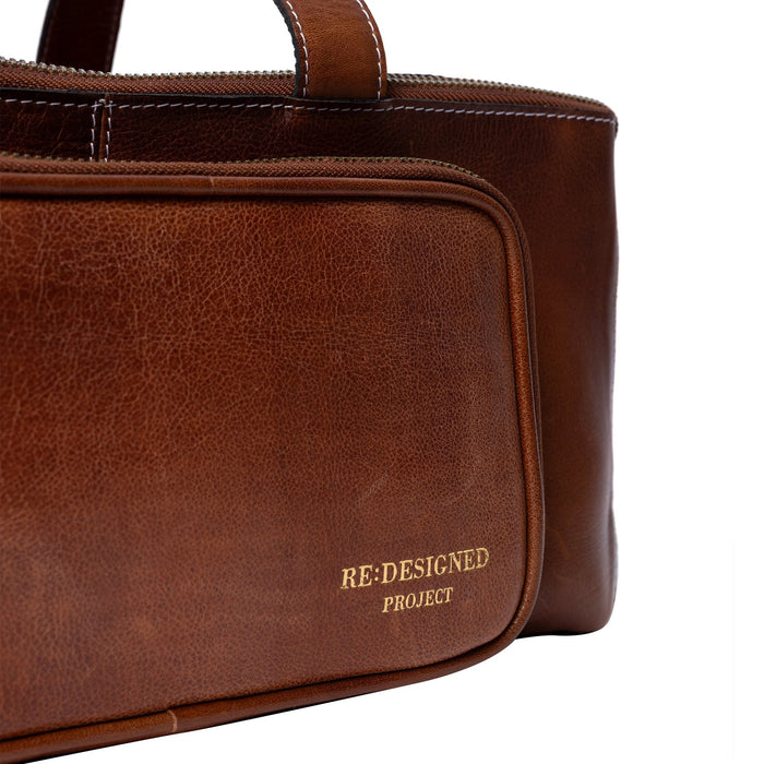 Project 105 Knitting Project Bag in walnut leather with spacious compartments and metal zipper closure