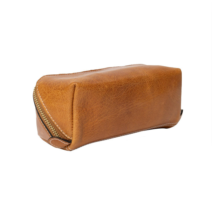 Project 36 Knitting Project Bag in burned tan leather with gold zipper, handcrafted mini organizer for knitting tools