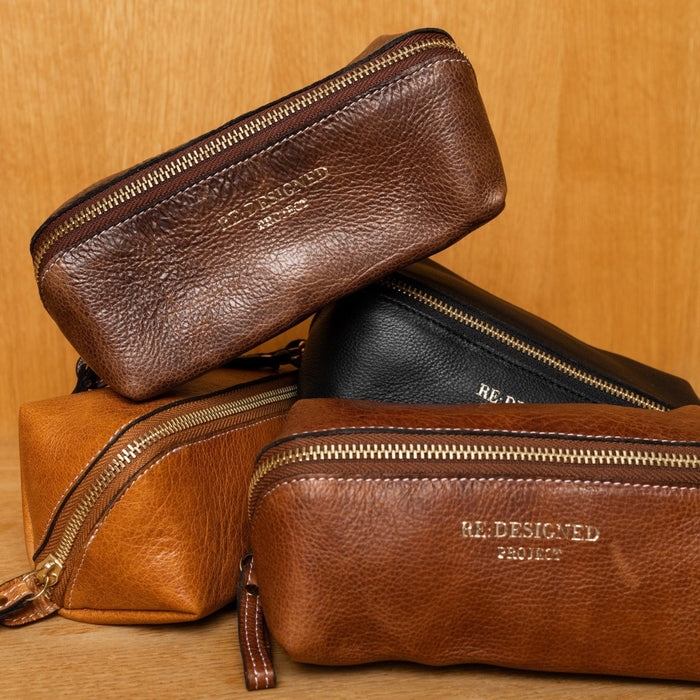 Project 36 Knitting Project Bag in walnut gold leather with metal zipper and compartments for knitting tools