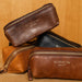 Project 36 Knitting Project Bag in walnut gold leather with metal zipper and compartments for knitting tools