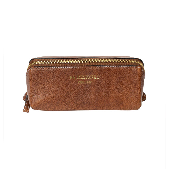 Project 36 Knitting Project Bag in walnut gold leather with metal zipper and compartments