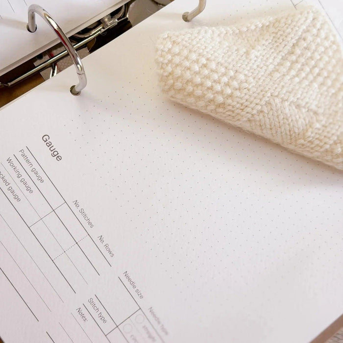Knit Notes Folder A4 knitting project record sheet with minimalist design and pre-punched holes for swatch attachment and ring binder storage