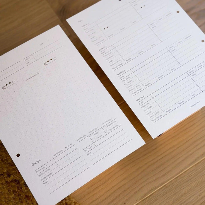 Knit Notes Folder A4 record sheet with spaces for knitting project details and yarn information