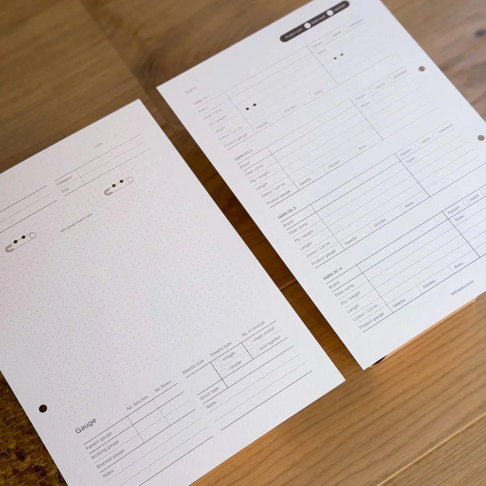 Knit Notes Folder A4 knitting project record sheet with spaces for gauge, yarn details, and swatch attachment