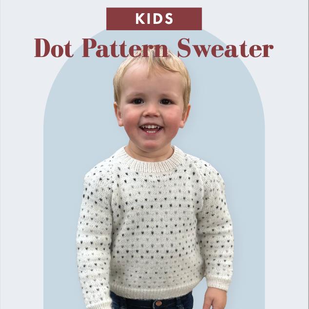 Kids grey Fair Isle dot pattern sweater with crew neckline and raglan sleeves, knitted in Crucci Greywacke Naturals 4ply yarn
