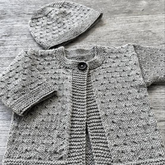Mika Petite baby cardigan and hat knitted in soft New Zealand Merino 4ply yarn