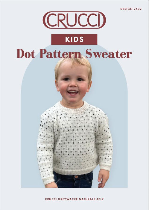 Children's grey V neck top down sweater with Fair Isle-inspired dot pattern in Crucci Greywacke Naturals 4ply yarn