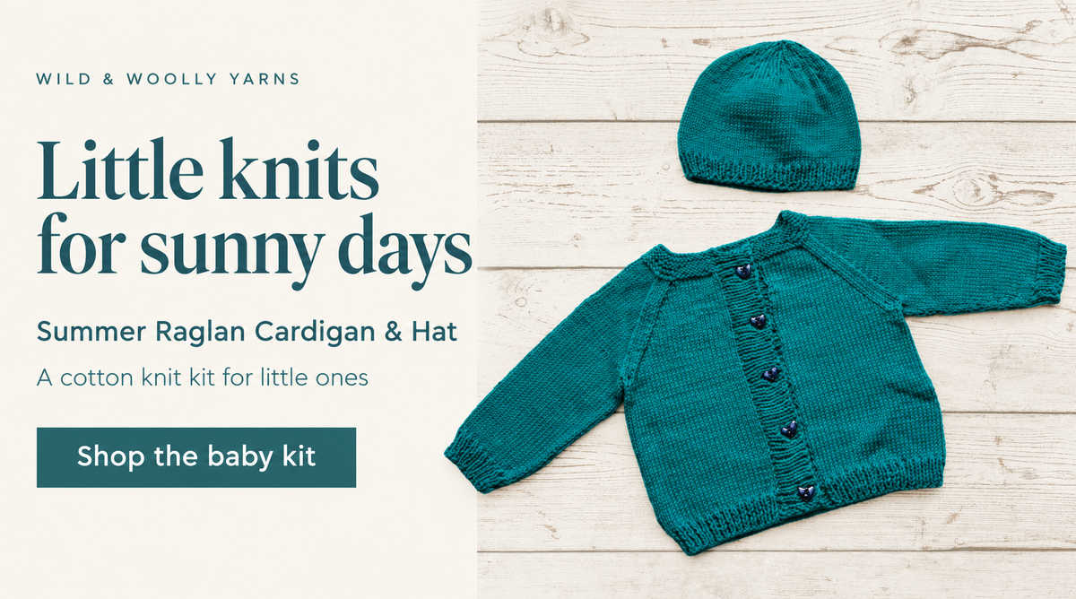 Little knits for sunny days – Summer Raglan Cardigan & Hat. Teal baby cardigan and matching hat. Shop the baby kit.