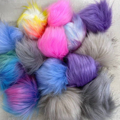 Colorful faux fur pom poms with snap fasteners for beanies, 10cm diameter.