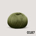 Summer Raglan Cardigan & Hat Knit Kit featuring a ball of smooth olive-green cotton yarn in a solid shade, labelled 0187.