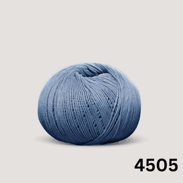 Summer Raglan Cardigan & Hat Knit Kit, a ball of smooth blue cotton yarn with a neatly wound, soft sheen surface.
