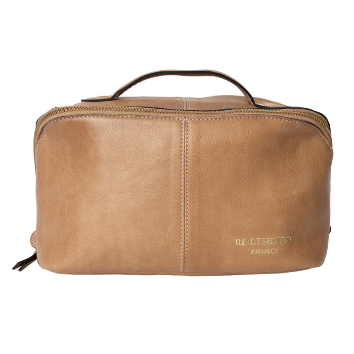 Taupe leather knitting project bag with handle, ideal for sweater projects.