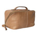 Taupe leather knitting project bag with handle and zipper closure.