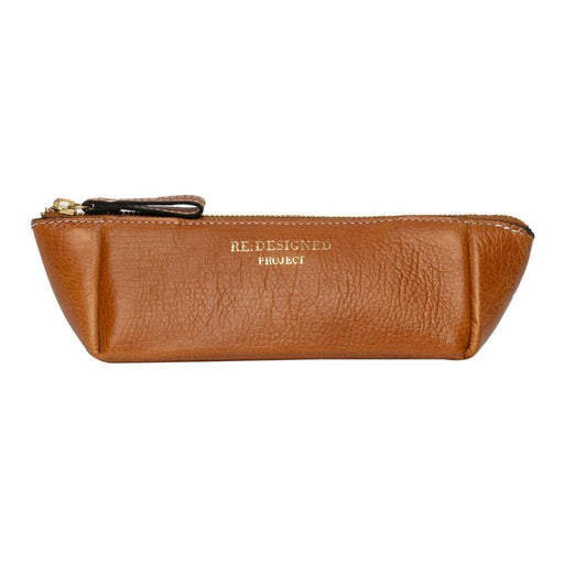 Triangular leather knitting case in burned tan with gold zipper, ideal for needles and crochet hooks.