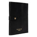 Black and gold leather interchangeable knitting needle case, featuring multiple pockets and snap closures for organizing tools.