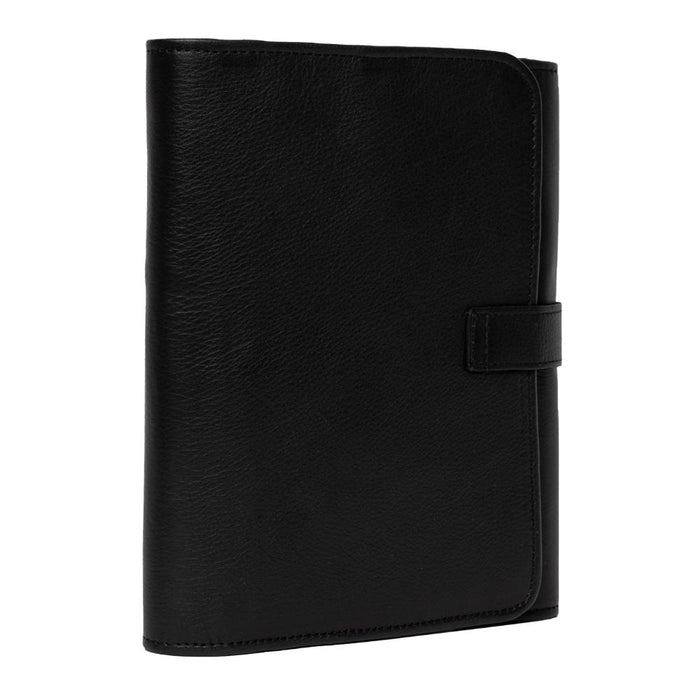 Black and Gold leather interchangeable knitting needle case with multiple pockets.