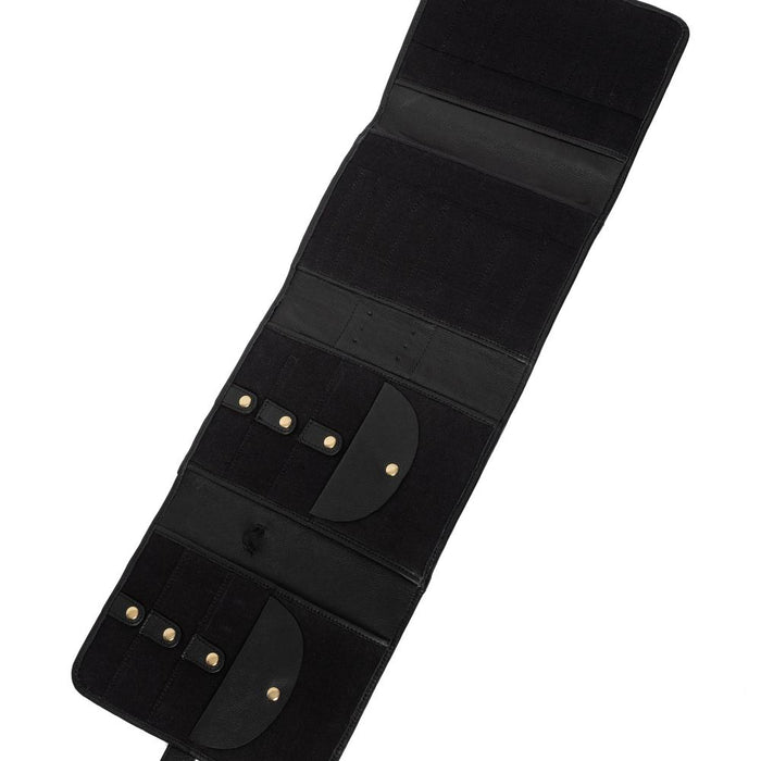 Black and gold leather interchangeable knitting needle case with multiple pockets and snap closures for organization.