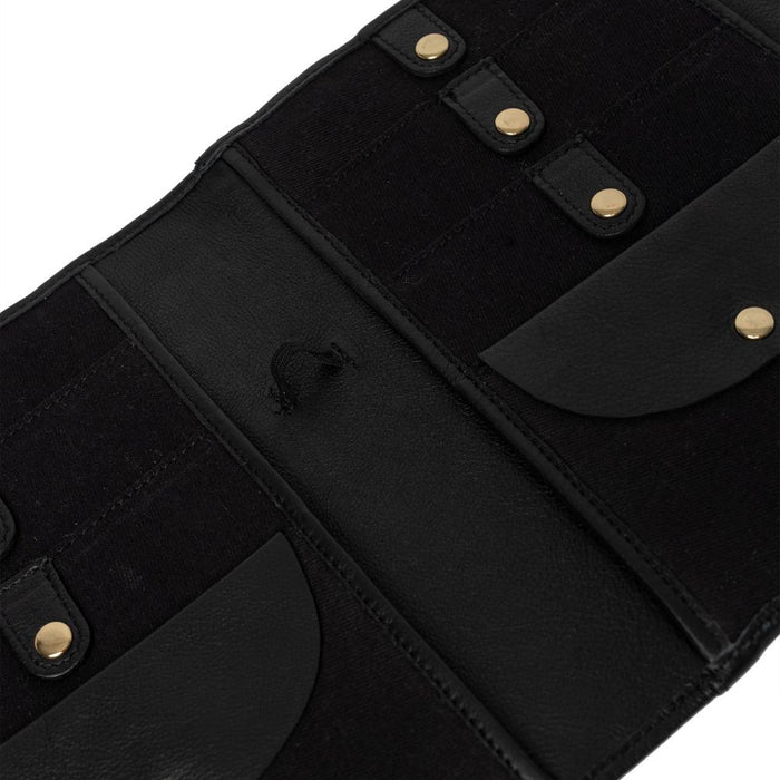 Black and gold leather knitting needle case with compartments for organization and snap closures.