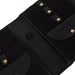 Black and gold leather knitting needle case with compartments for organization and snap closures.