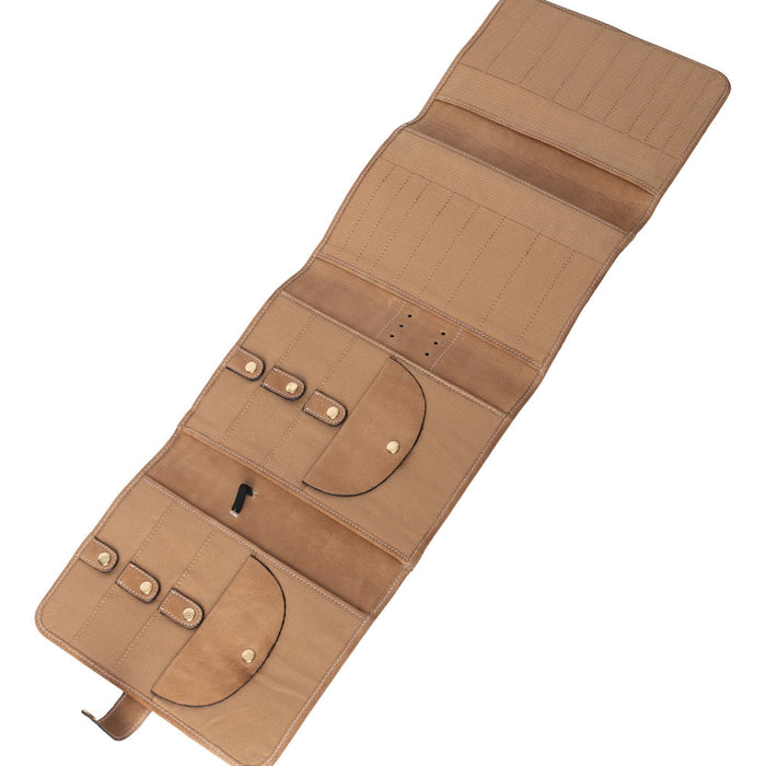 Taupe leather needle case with multiple pockets for organizing knitting tools.