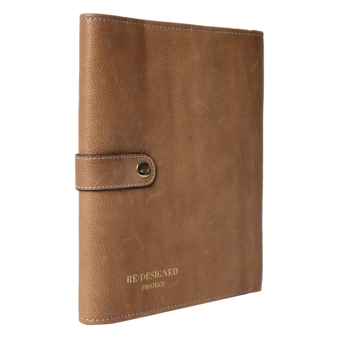 Taupe leather Project 14 interchangeable needle case with snap closure and multiple compartments.