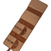 Walnut and gold leather interchangeable knitting needle case with multiple pockets and compartments.