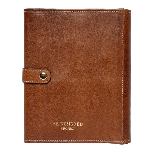 Walnut gold leather knitting needle case with snap closure, featuring multiple pockets for needles and accessories.