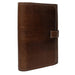 Knitting needle case Project 14 in Woodsmoke leather, featuring multiple pockets and fastenings for organizing tools.