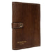 Knitting needle case in woodsmoke leather, featuring multiple pockets and snap closure for organized needle storage.