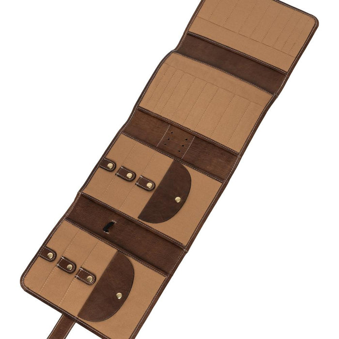 Knitting needle case with snap closures, multiple pockets, leather design, and elastic band for organization.