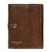 Knitting needle case in woodsmoke leather with snap closure, designed for organizing needles and accessories.