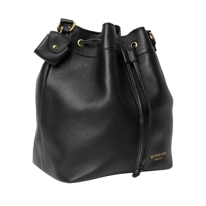 Black and gold genuine leather knitting bag with drawstring and adjustable strap.