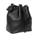 Black and gold genuine leather knitting bag with drawstring and adjustable strap.