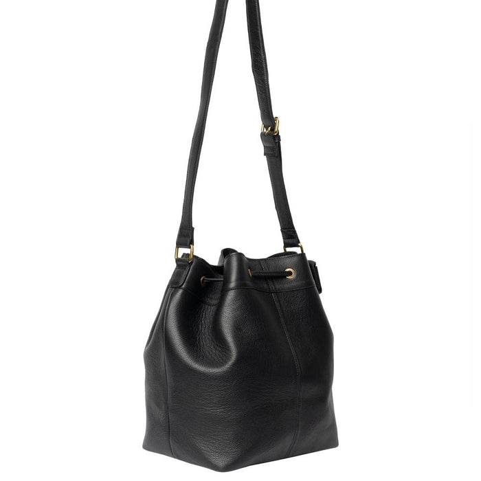 Black and gold genuine leather knitting bucket bag with adjustable strap.