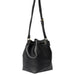 Black and gold genuine leather knitting bucket bag with adjustable strap.