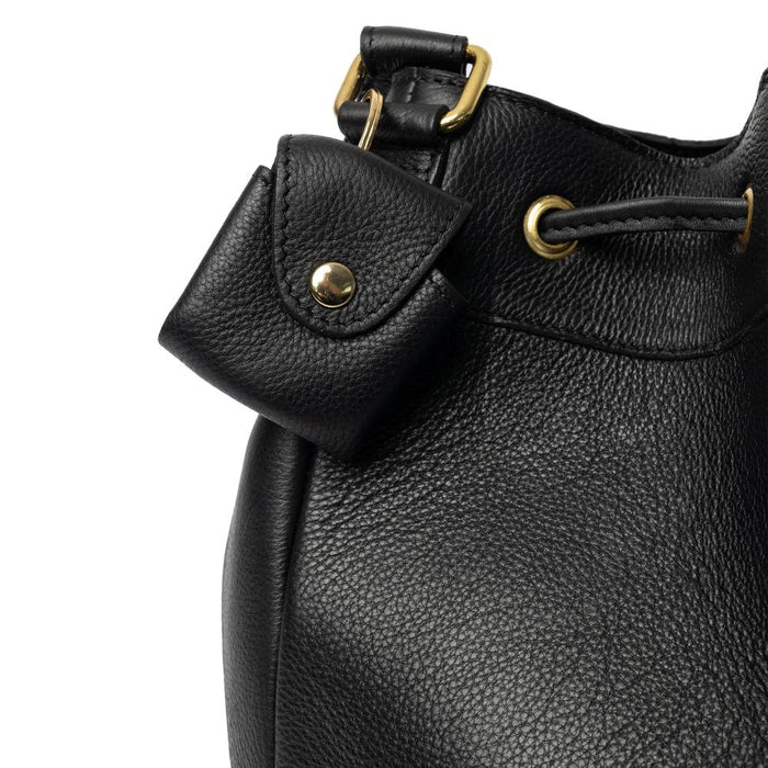 Black and gold genuine leather knitting bucket bag with adjustable strap and drawstring.
