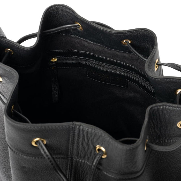 Black and gold leather knitting bag with drawstring and inner pockets.