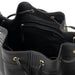 Black and gold leather knitting bag with drawstring and inner pockets.