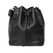 Black and gold genuine leather knitting bag with adjustable strap and drawstring closure.